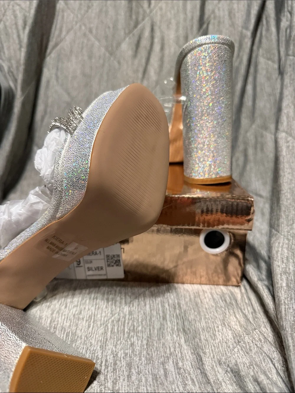 Seychelles Silver Holographic Platform Sandals with Crystal Straps